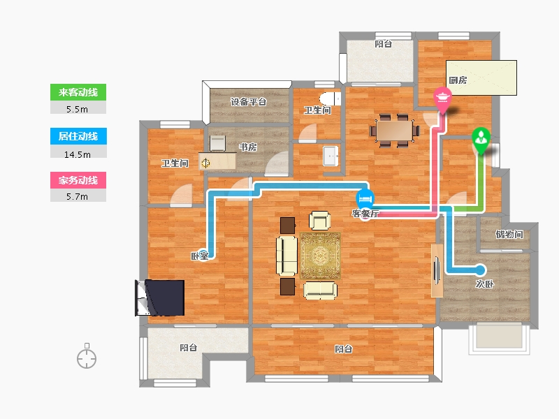 江苏省-南京市-荣盛隽峰雅苑C2户型132m²-105.60-户型库-动静线