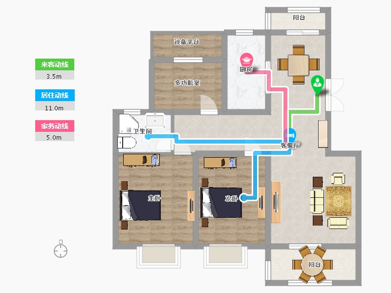 江苏省-南京市-望景名府A户型109m²-87.20-户型库-动静线