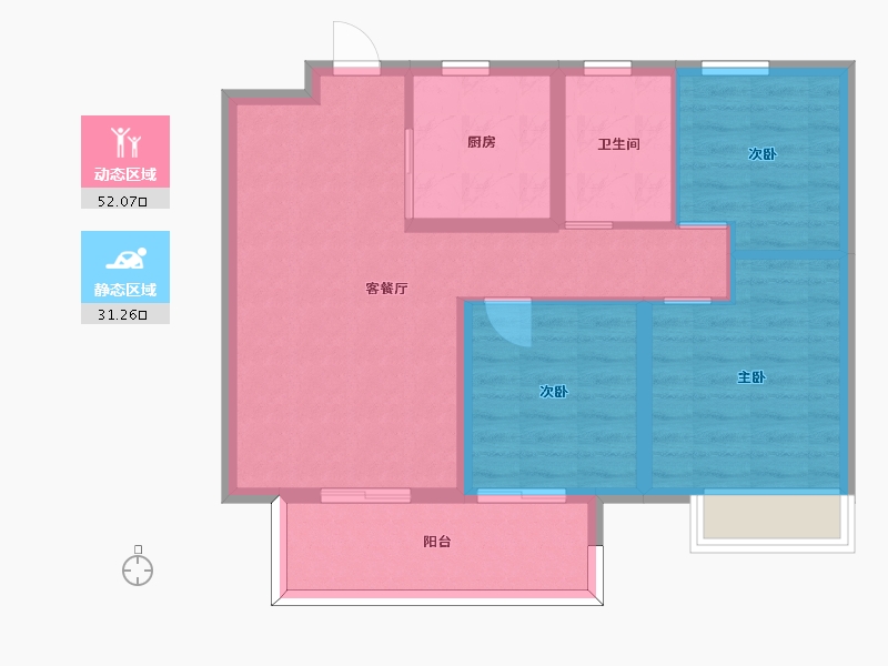 江苏省-苏州市-五湖四季1,9,32,11栋B户型93m²-74.48-户型库-动静分区