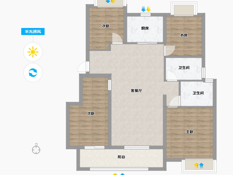 江苏省-苏州市-五湖四季21,38,5,15栋E户型120m²-96.00-户型库-采光通风