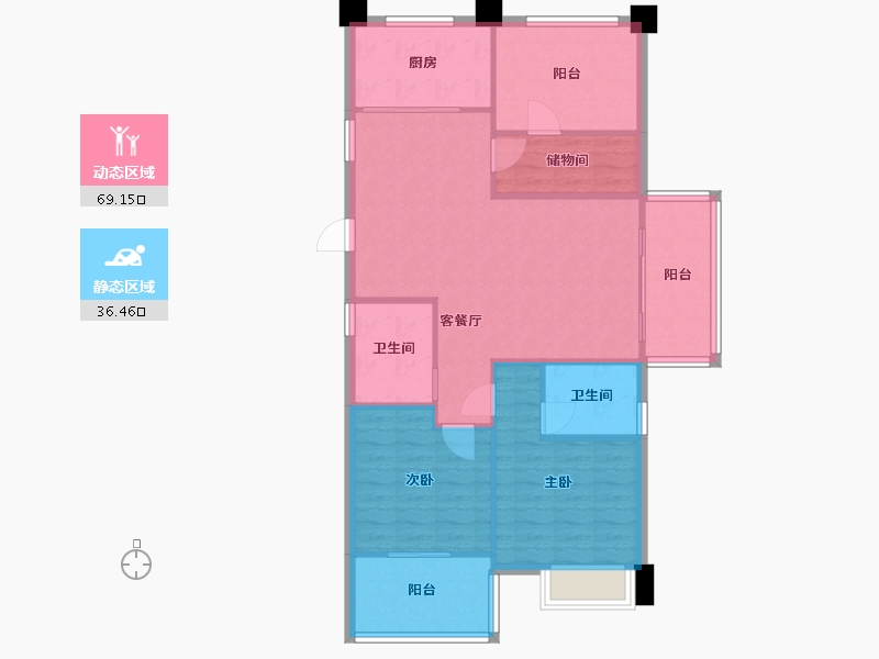 江苏省-苏州市-淀湖鹿鸣九里D户型120m²-96.53-户型库-动静分区