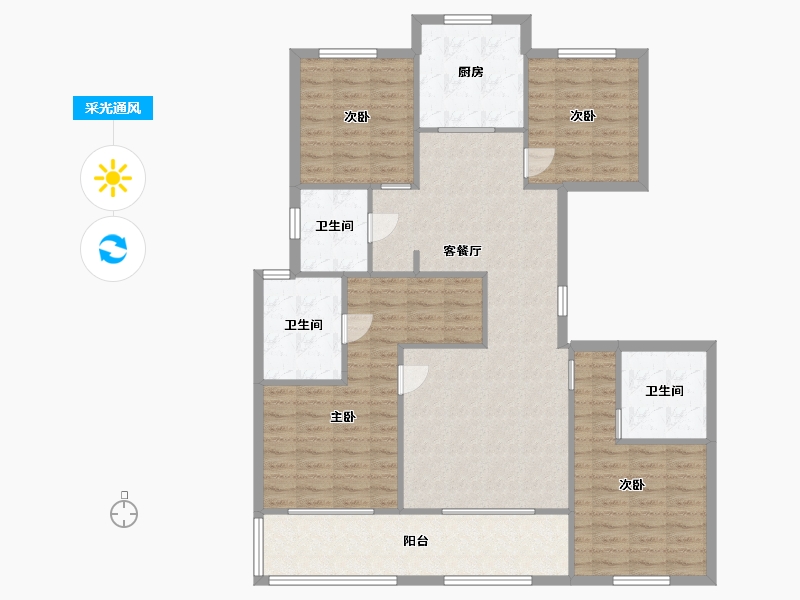 江苏省-苏州市-睿怡庭1,3,5栋D户型155m²-123.83-户型库-采光通风