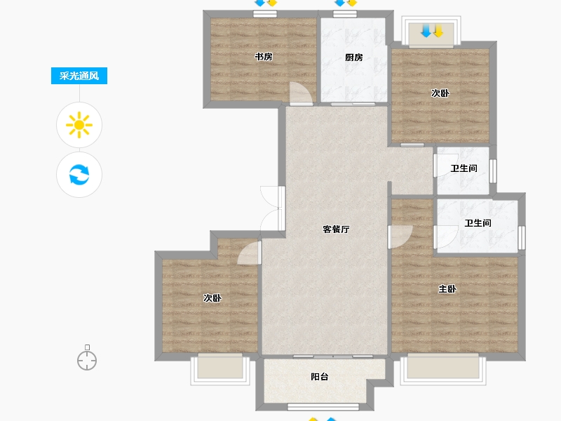 江苏省-苏州市-蓝光碧桂园水韵东方花苑A户型130m²-104.00-户型库-采光通风