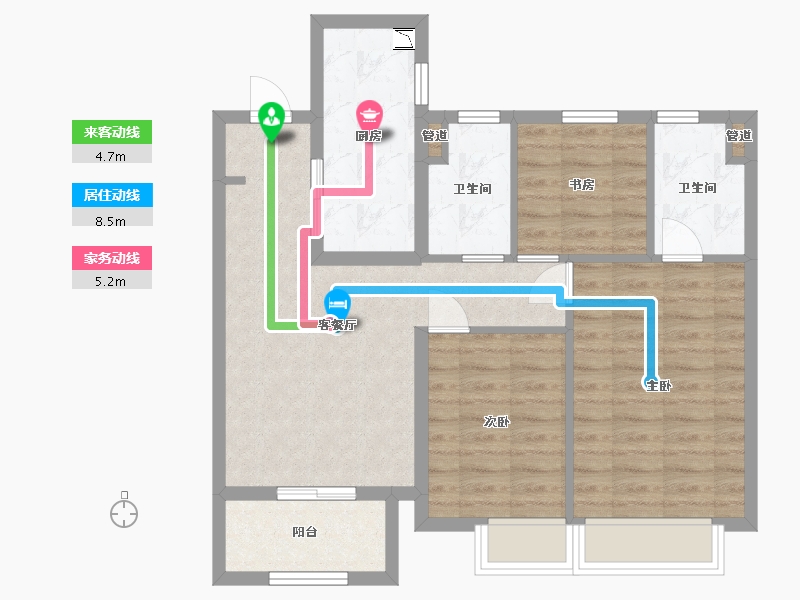 江苏省-苏州市-苏州万和四季4,5,12栋A2户型95m²-75.98-户型库-动静线