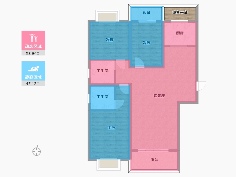 湖南省-长沙市-梦想新天地1号楼,2号楼建面128m²-97.68-户型库-动静分区