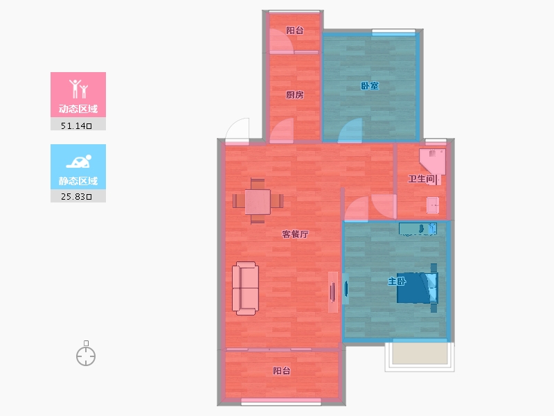 山东省-青岛市-雨润星雨华府32号楼1号户型88m²-70.40-户型库-动静分区