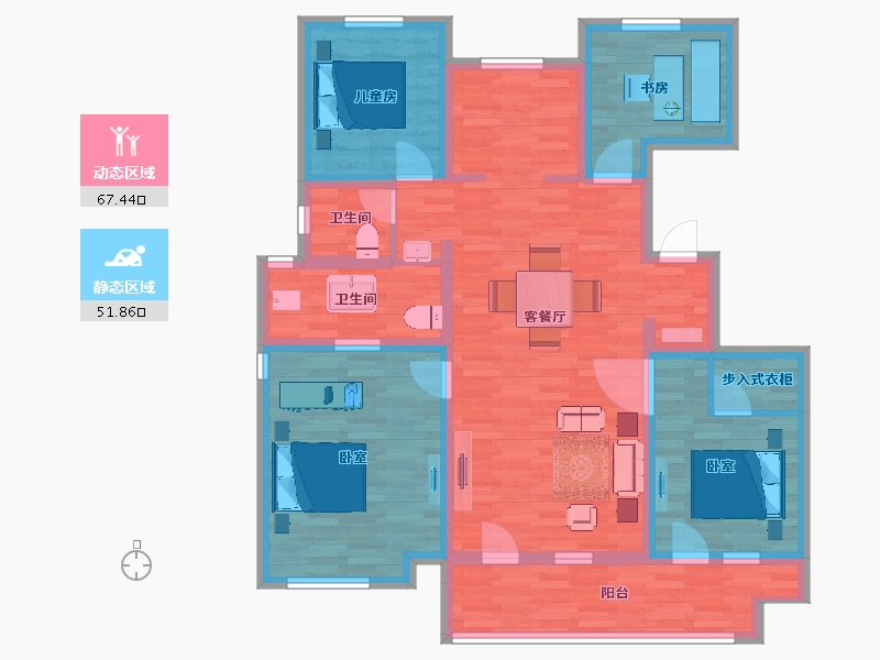 山东省-青岛市-昆仑府镂月云开7号楼142m²-105.58-户型库-动静分区