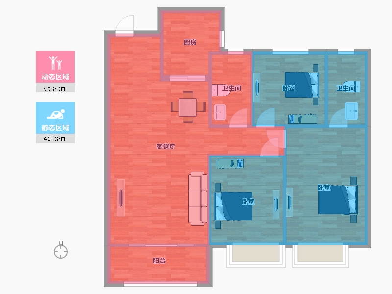 山东省-青岛市-保利红岛湾38号楼B户型122m²-97.60-户型库-动静分区