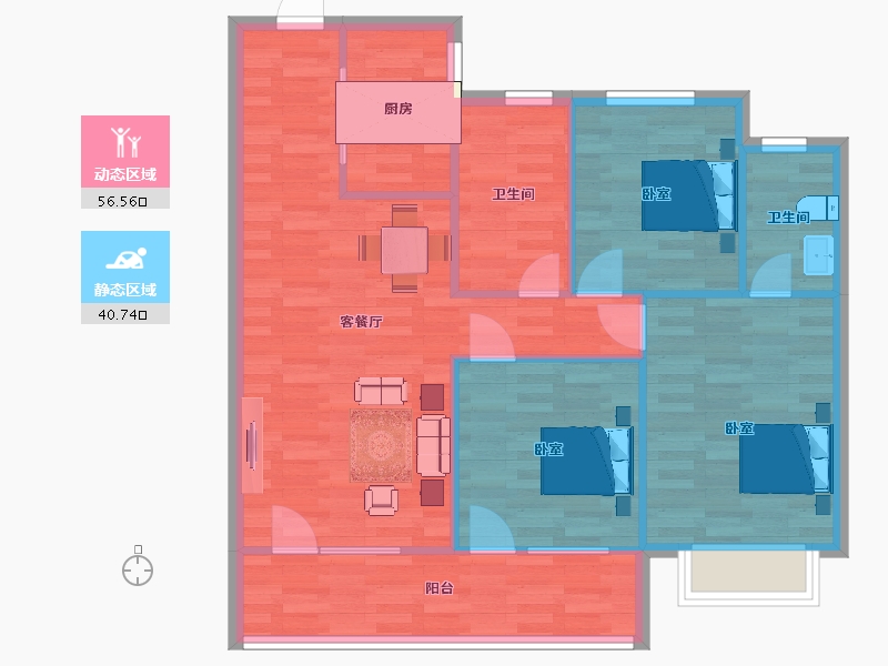 山东省-青岛市-世茂璀璨天樾25,35栋B户型111m²-88.80-户型库-动静分区