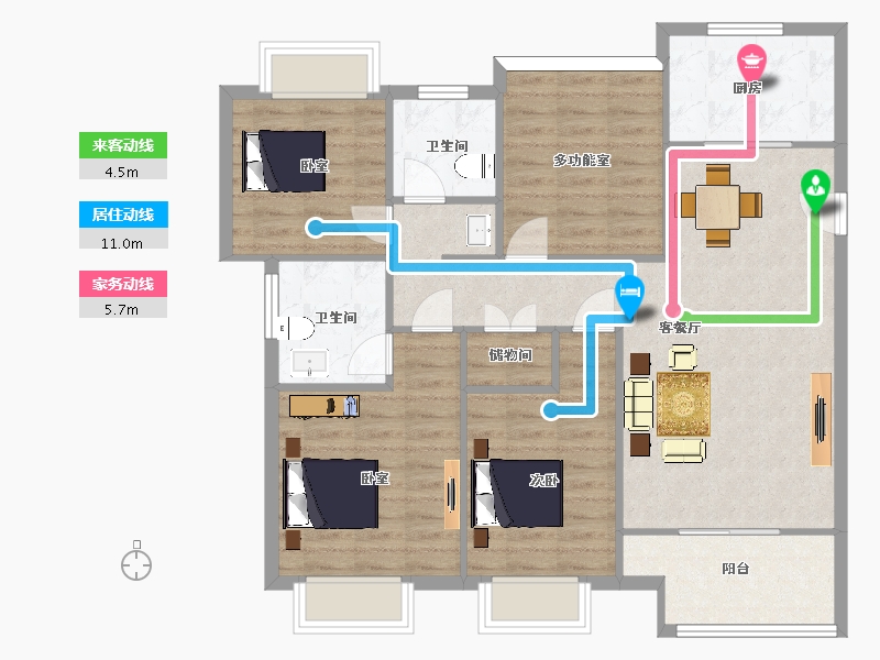 江苏省-苏州市-水韵花都三期幸福里四季C户型130m²-104.00-户型库-动静线