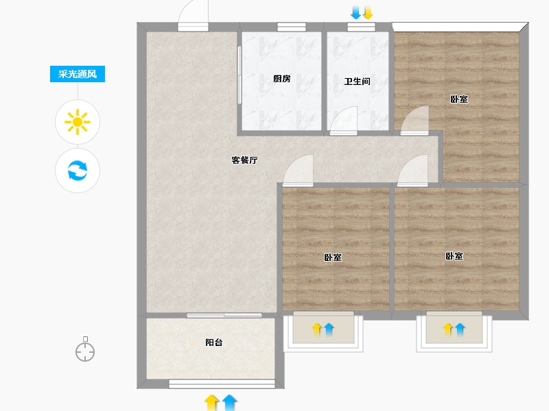 江苏省-苏州市-水韵花都三期幸福里夏颂B户型93m²-74.39-户型库-采光通风