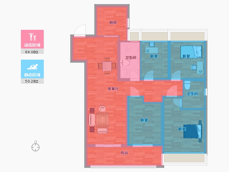 江苏省-苏州市-美的云筑9,11,12栋128㎡-102.00-户型库-动静分区