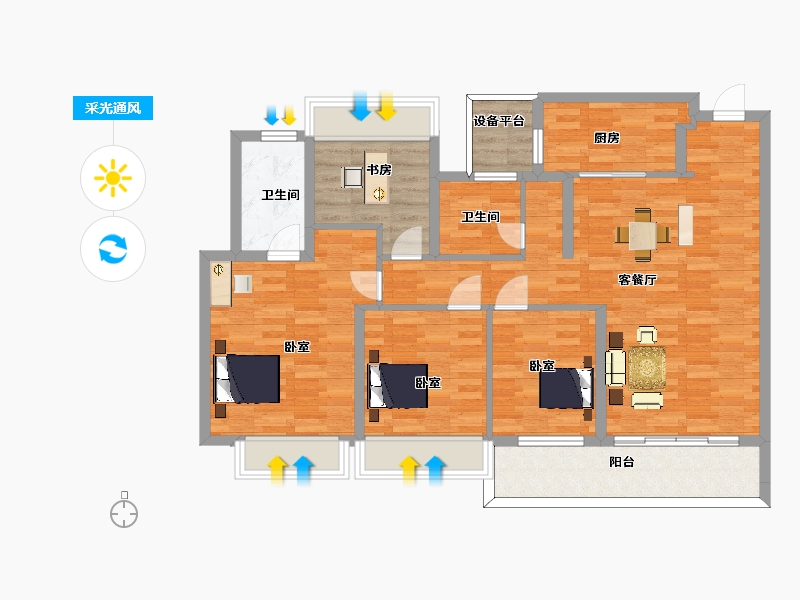 江苏省-苏州市-阳光城檀苑高层7,8栋D-129㎡-105.70-户型库-采光通风