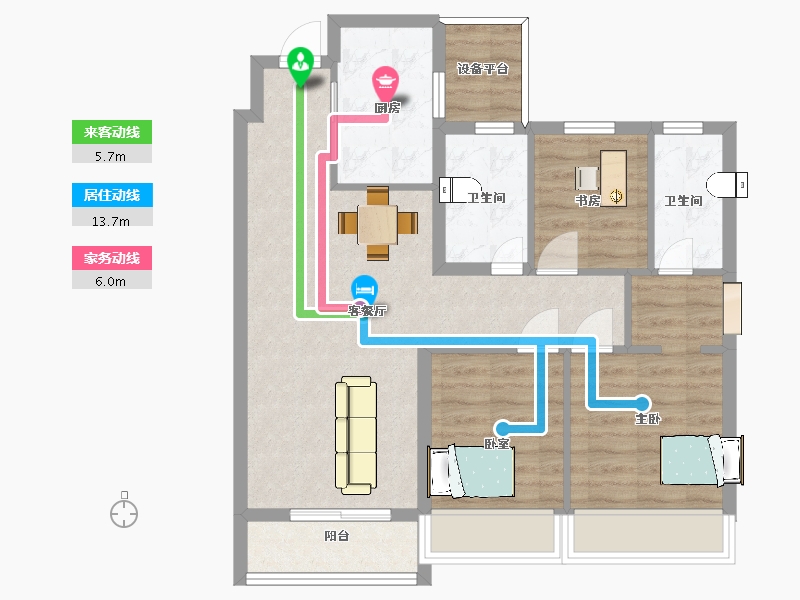 江苏省-苏州市-阳光城檀苑高层2,6,1栋C-95㎡-78.95-户型库-动静线