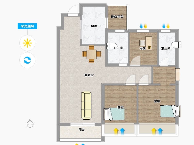 江苏省-苏州市-阳光城檀苑高层2,6,1栋C-95㎡-78.95-户型库-采光通风