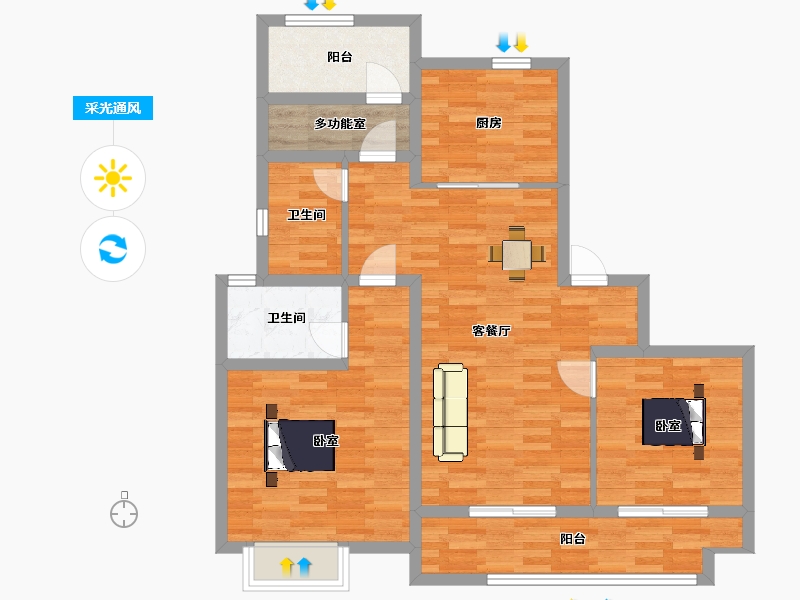 江苏省-苏州市-缤纷桃李花园B户型112m²-90.31-户型库-采光通风