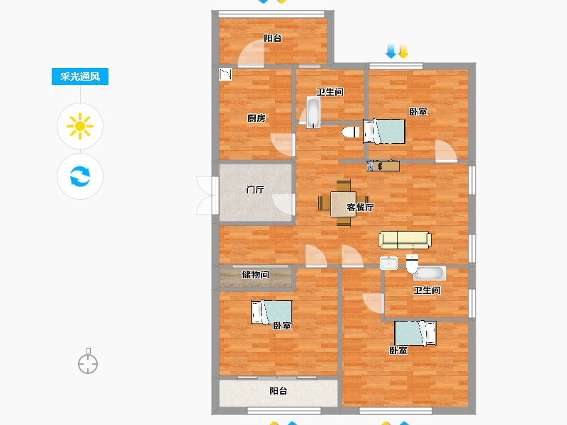 江苏省-苏州市-宝韵铂宫1-A户型135m²-108.11-户型库-采光通风