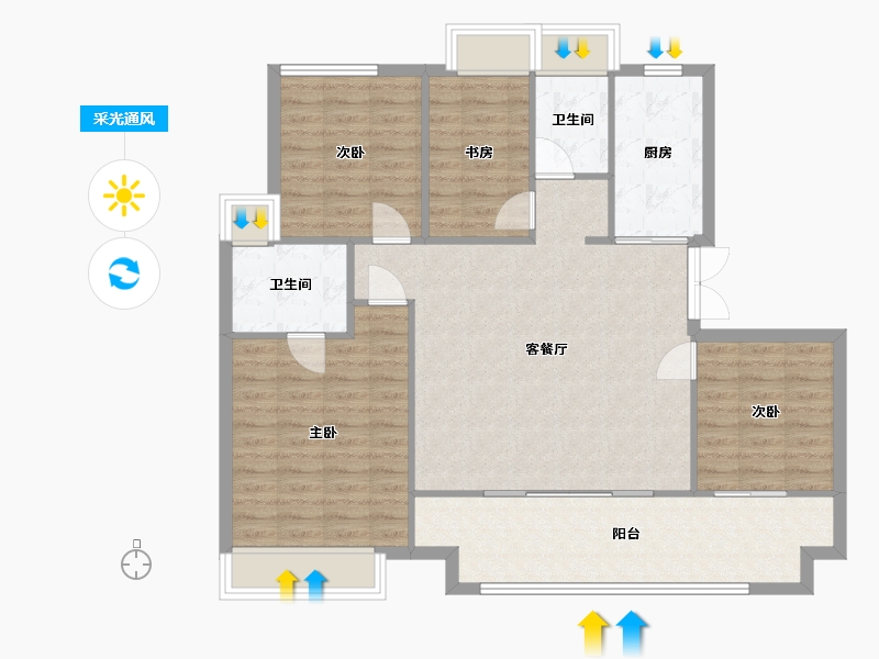 江苏省-苏州市-锦鲤花园4,3栋C户型130m²-104.72-户型库-采光通风