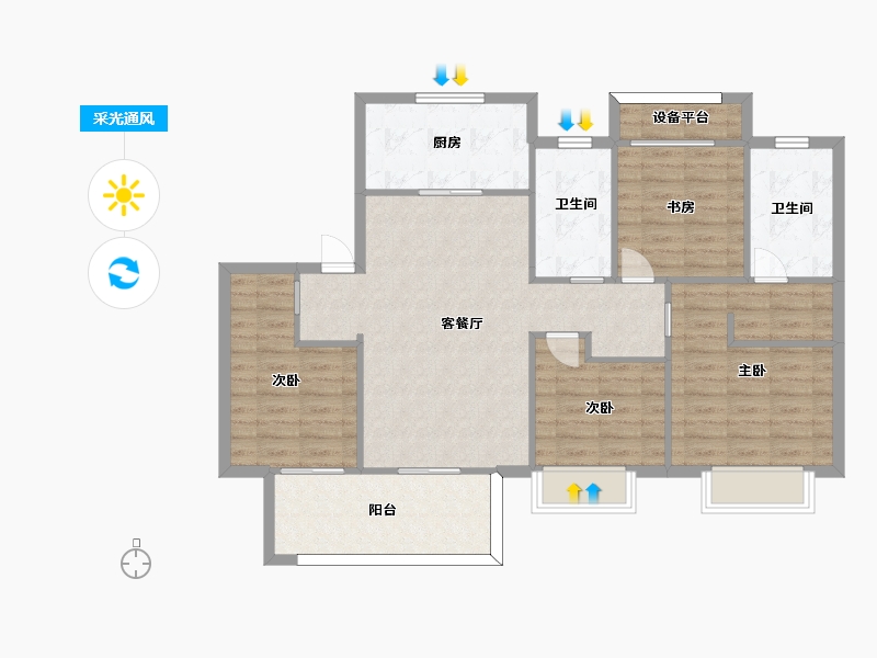 江苏省-苏州市-香悦四季17,5栋C户型125m²-102.32-户型库-采光通风