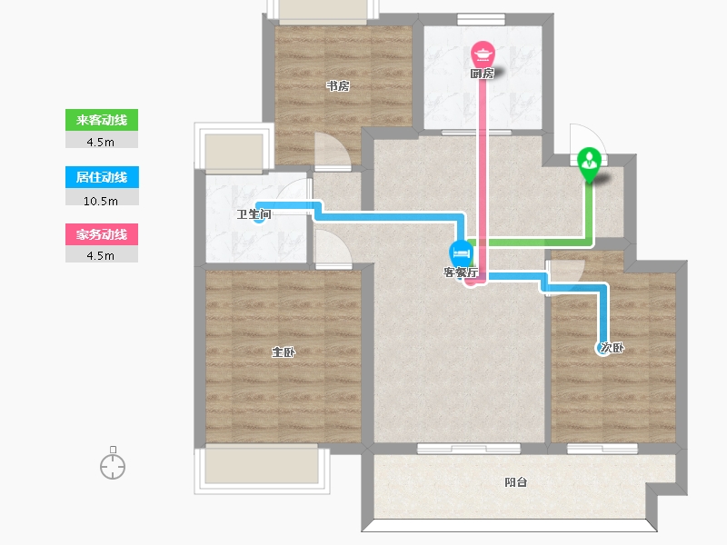 江苏省-苏州市-锦鲤花园7,2栋A户型97m²-77.61-户型库-动静线