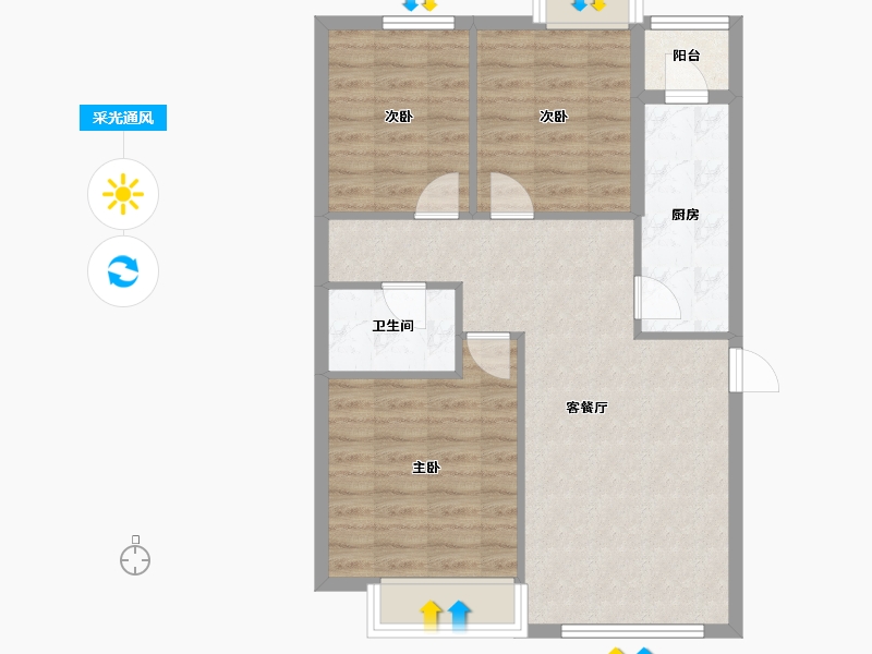 辽宁省-沈阳市-坤博幸福城C1户型建面102.51㎡-74.62-户型库-采光通风