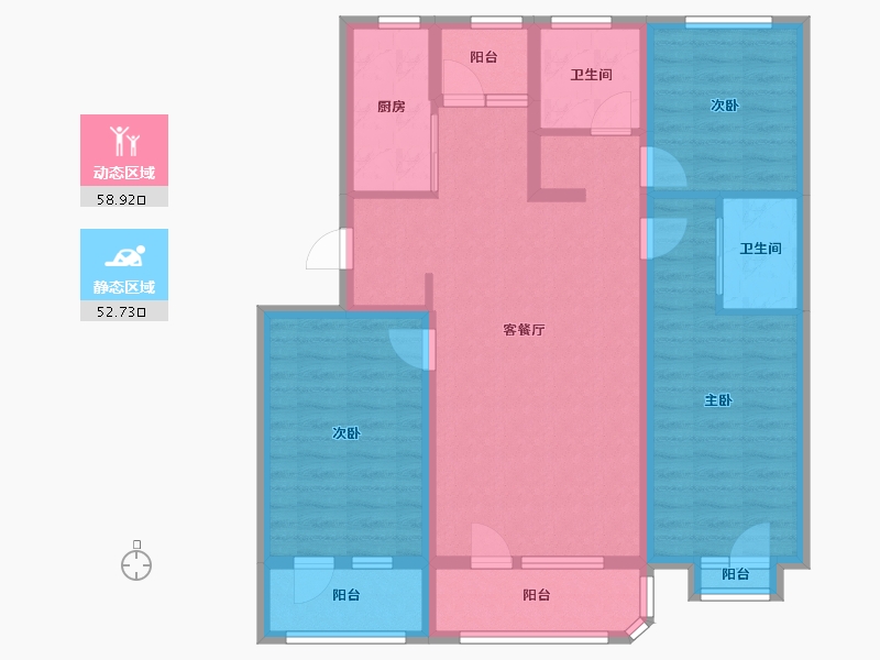 辽宁省-沈阳市-坤博幸福城X-3户型建面107㎡-98.72-户型库-动静分区