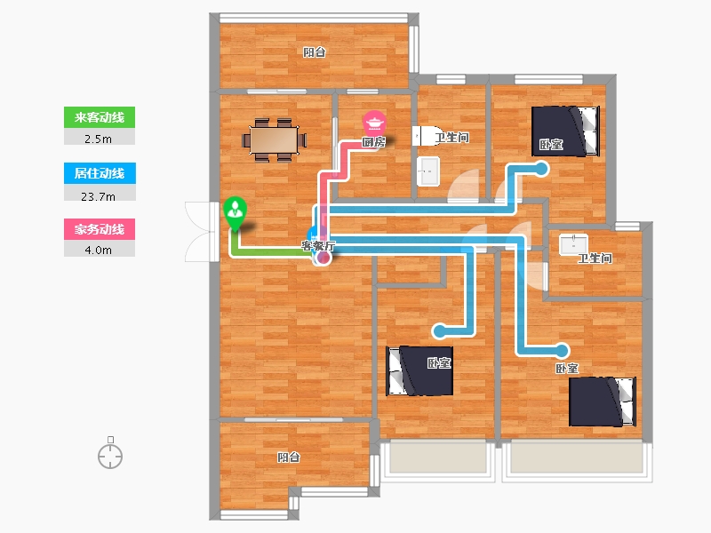 陕西省-西安市-蓝光公园华府1号楼,二期1号楼A2户型124m²-96.57-户型库-动静线