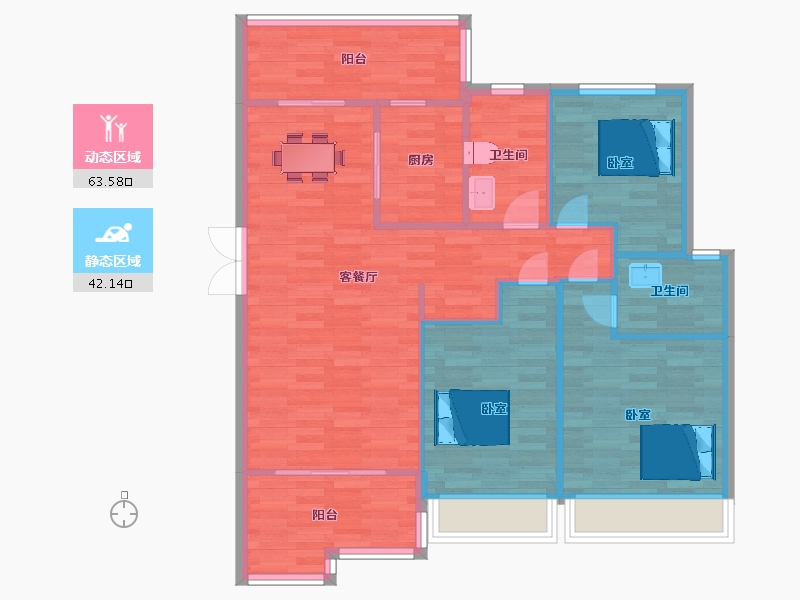 陕西省-西安市-蓝光公园华府1号楼,二期1号楼A2户型124m²-96.57-户型库-动静分区