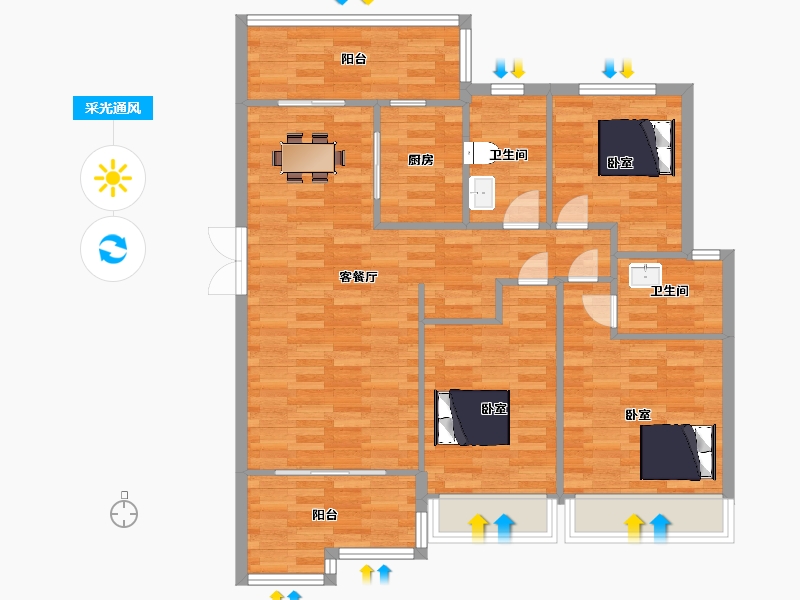 陕西省-西安市-蓝光公园华府1号楼,二期1号楼A2户型124m²-96.57-户型库-采光通风