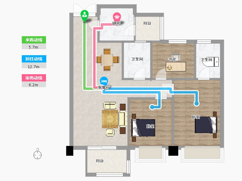 陕西省-西安市-蓝光公园华府1号楼,二期1号楼A3户型110m²-82.36-户型库-动静线