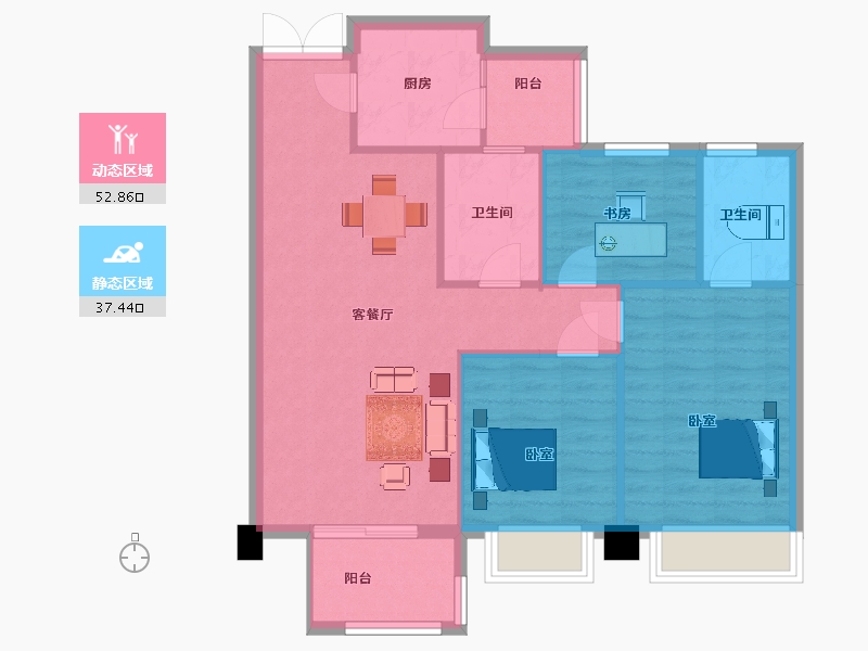 陕西省-西安市-蓝光公园华府1号楼,二期1号楼A3户型110m²-82.36-户型库-动静分区