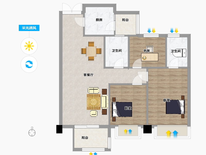 陕西省-西安市-蓝光公园华府1号楼,二期1号楼A3户型110m²-82.36-户型库-采光通风