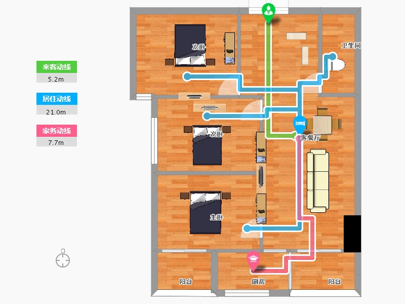 陕西省-西安市-博越唐枫佳域B户型96m²-77.22-户型库-动静线