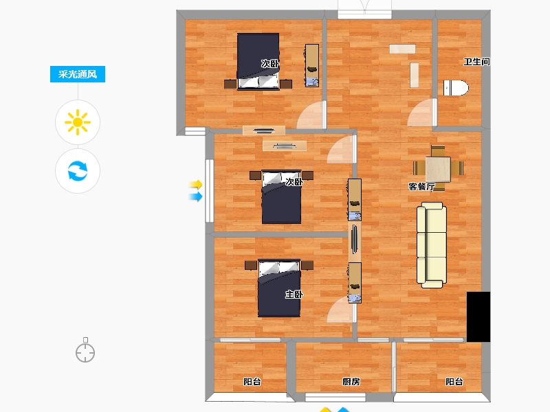 陕西省-西安市-博越唐枫佳域B户型96m²-77.22-户型库-采光通风