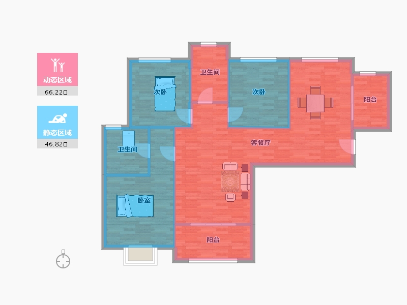 陕西省-西安市-紫境城B1户型129m²-103.50-户型库-动静分区