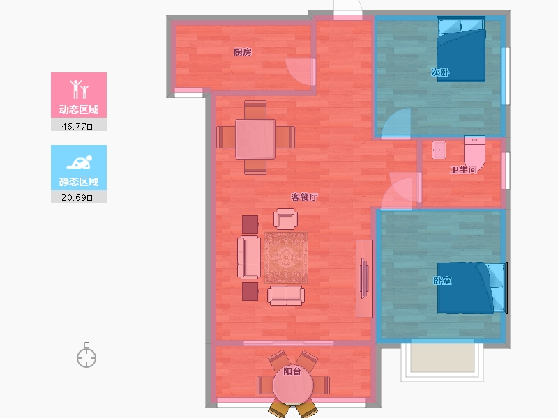 陕西省-西安市-中建锦尚云天1号楼,2号楼D户型80m²-61.01-户型库-动静分区