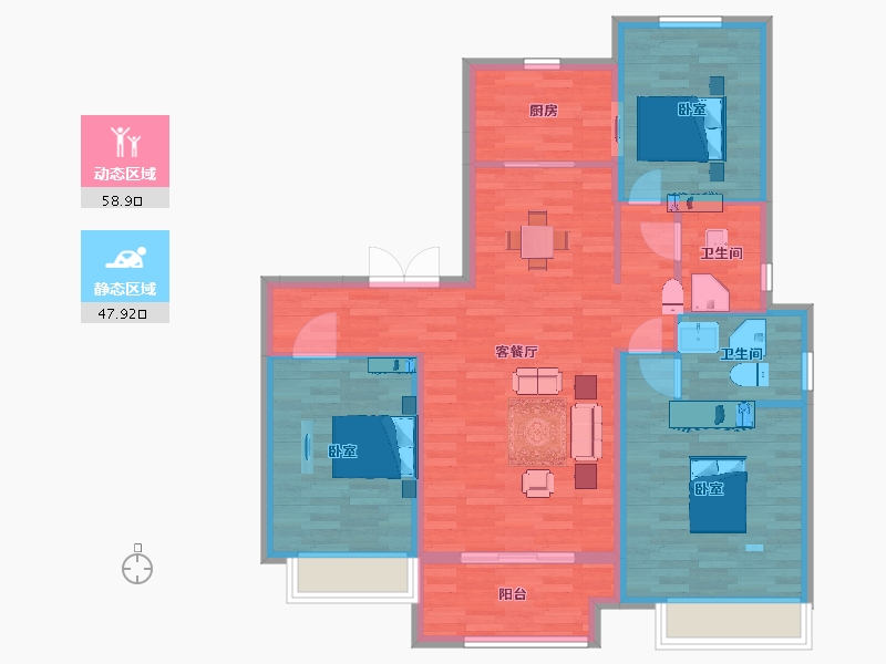 山东省-青岛市-裕东新府鲁商健康城8号楼120m²-96.37-户型库-动静分区