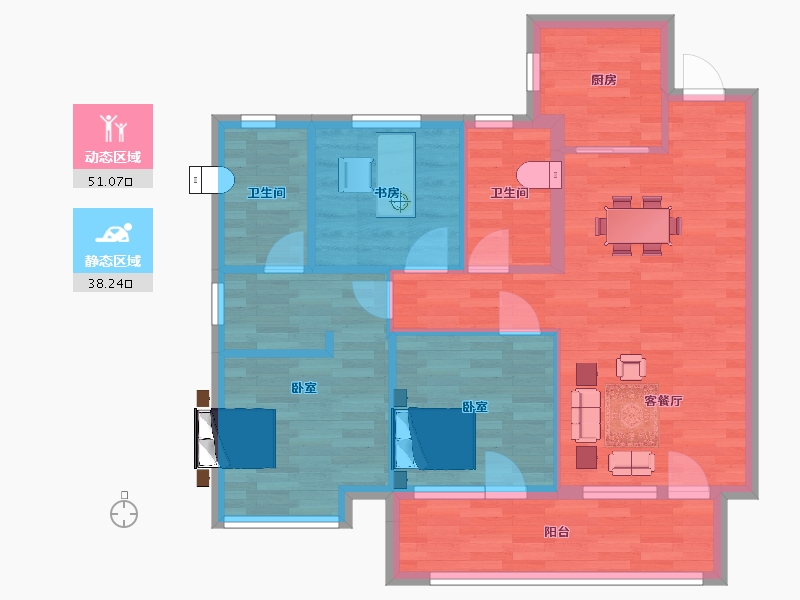 山东省-青岛市-海尔产城创翡翠公园17号楼A100m²-80.00-户型库-动静分区