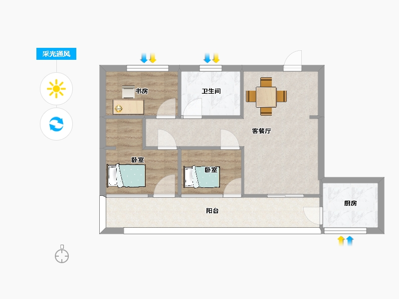 陕西省-西安市-就掌灯C10号楼3室2厅1卫，72㎡户型-58.23-户型库-采光通风