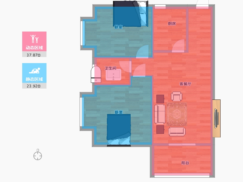 陕西省-西安市-翰林17坊1号楼A2户型81m²-55.66-户型库-动静分区