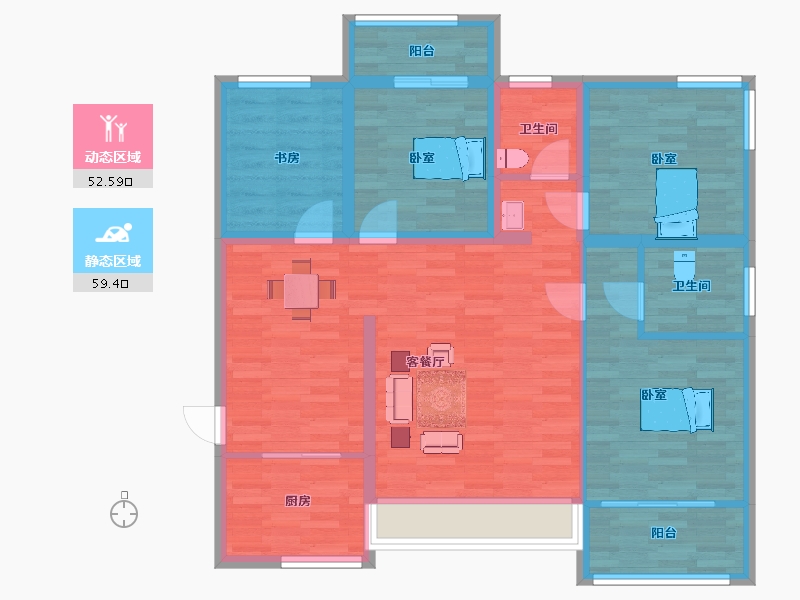 陕西省-西安市-太乙城时光里DK2-2号楼A2户型125m²-99.99-户型库-动静分区