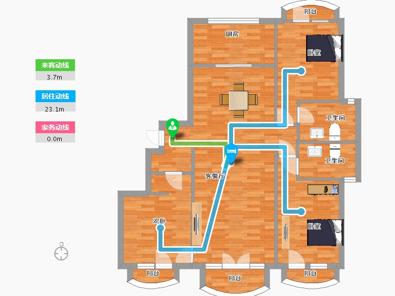 山东省-青岛市-鲁信和璧花园1，6，7，8号楼B2户型122m²-97.10-户型库-动静线