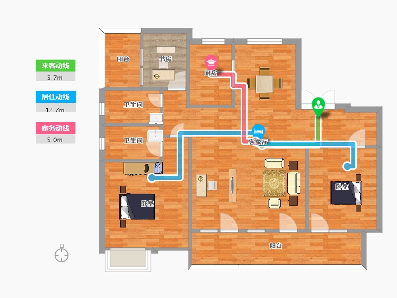 山东省-青岛市-嶺海香澜郡25，27号楼G7户型129m²-103.20-户型库-动静线