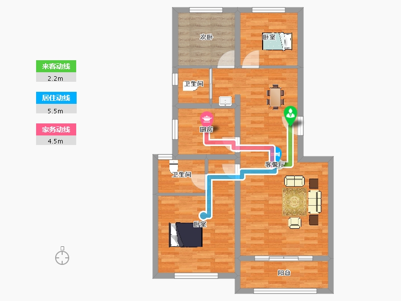 山东省-青岛市-金府花园B户型94m²-75.20-户型库-动静线