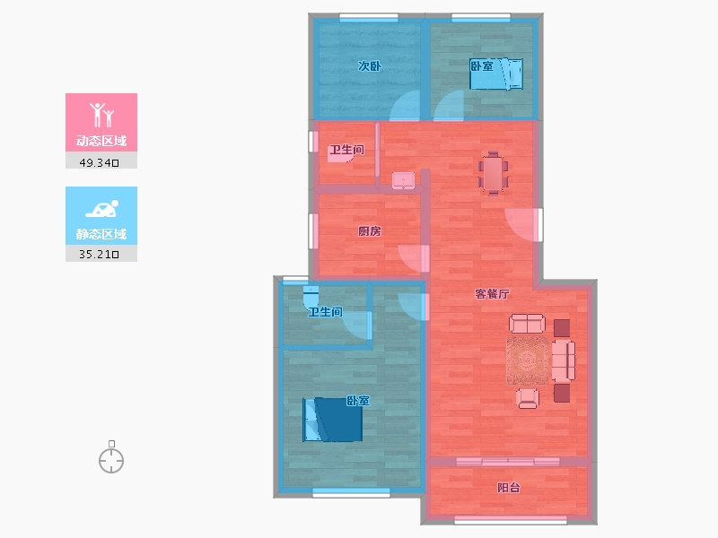 山东省-青岛市-金府花园B户型94m²-75.20-户型库-动静分区