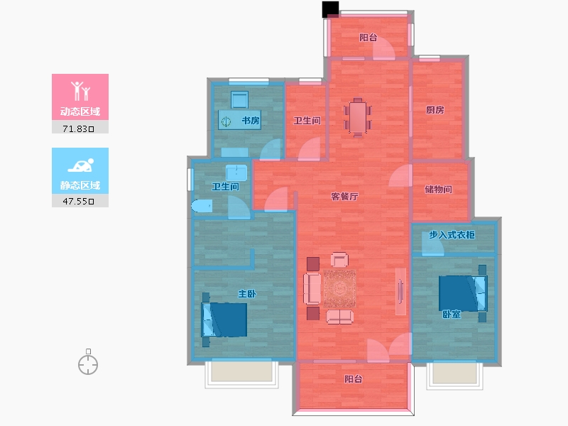 山东省-青岛市-嶺海香澜郡23号楼A1户型136m²-108.80-户型库-动静分区