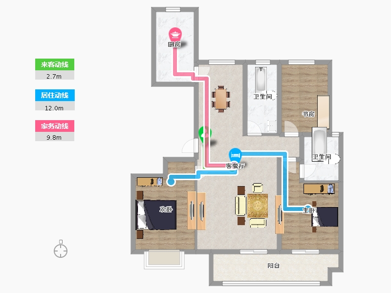 山东省-青岛市-联谊枫林小镇40号楼B户型133m²-106.40-户型库-动静线