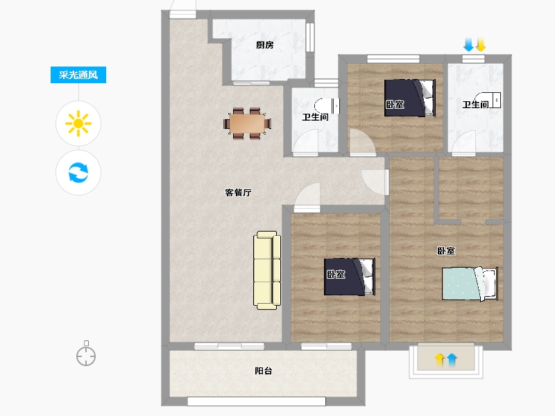 陕西省-西安市-南飞鸿十年城113m²-90.00-户型库-采光通风