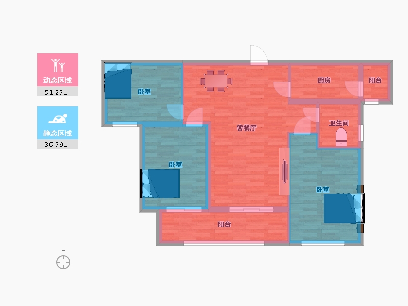 陕西省-西安市-南飞鸿十年城B户型98m²-78.81-户型库-动静分区