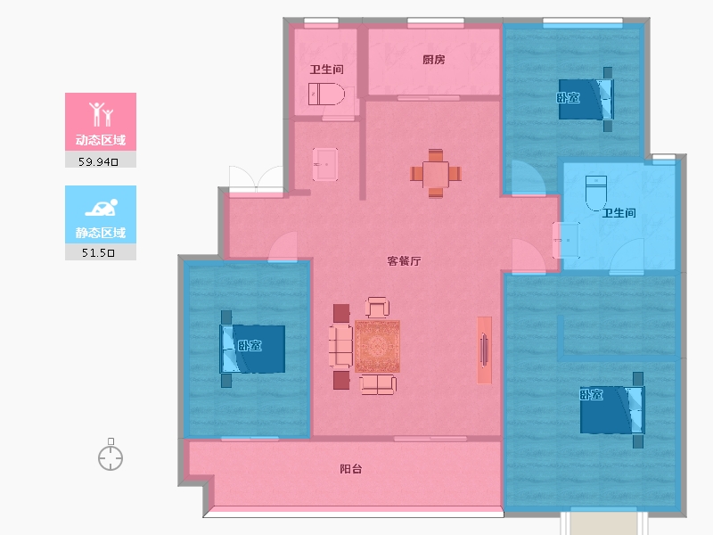 陕西省-西安市-高新骊山下的院子128㎡-102.00-户型库-动静分区